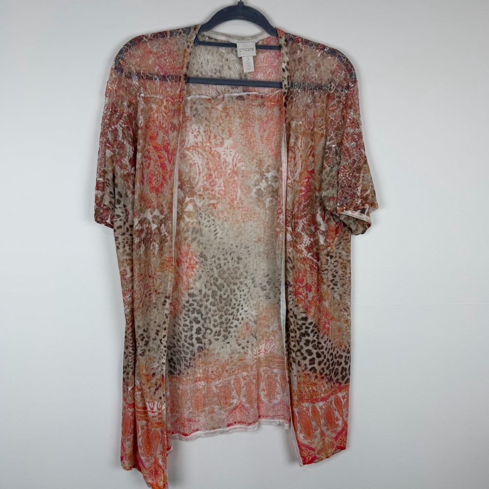 Chico’s Sheer Printed Cardigan Top Set Lightweight Animal Boho Chic Size 2